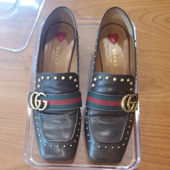 Gucci | Shoes | Gucci Dark Brown Leather Loafers With Gold  display picture 1